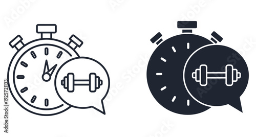 Linear and solid stopwatch icons featuring a dumbbell symbol for fitness exercise duration tracking