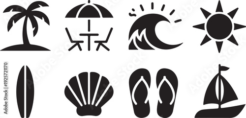 Various simple black silhouette icons representing classic summer vacation and beach elements