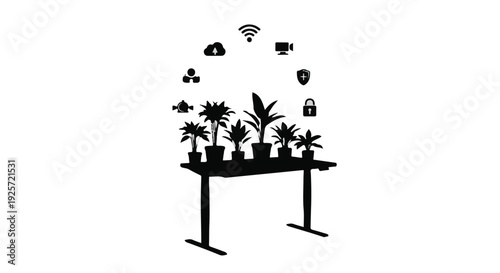 Black silhouette of plants on a table with smart home icons
