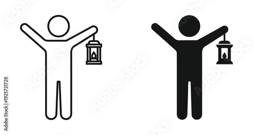 Minimalist vector illustration of human figure carrying a lamp for light and discovery