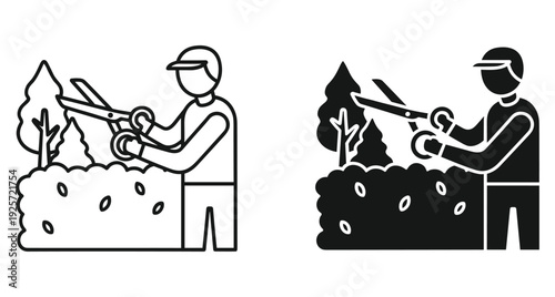 Professional landscaper using hand shears to prune green bush in the backyard garden