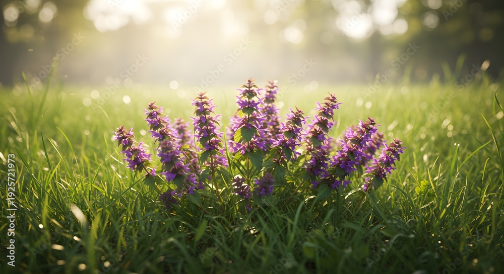 Obraz premium Delicate purple wildflowers blooming in a sunlit green meadow on a warm summer day