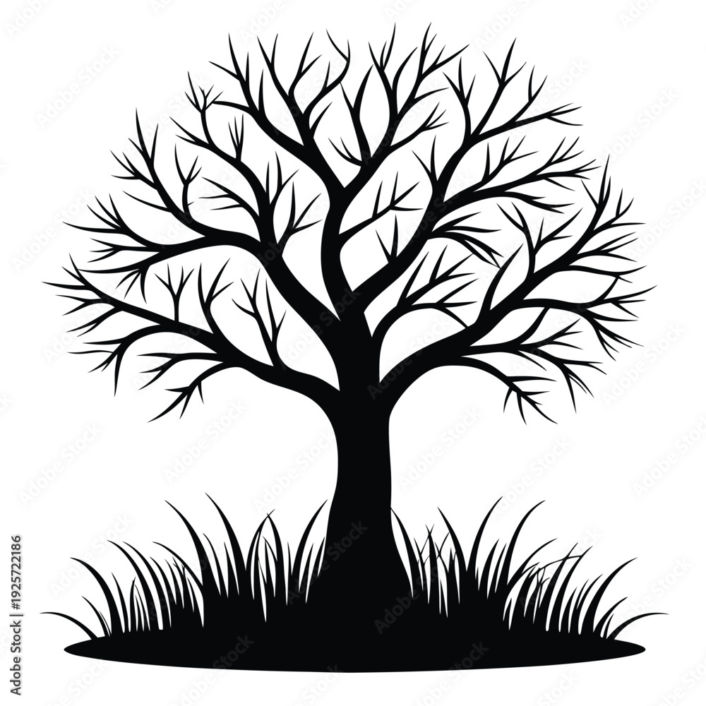 Obraz premium monochrome silhouette leafless tree with grass silhouette line art vector illustration with a white background