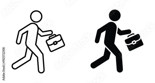 Professional employee carrying a briefcase while walking to work in two different icon styles