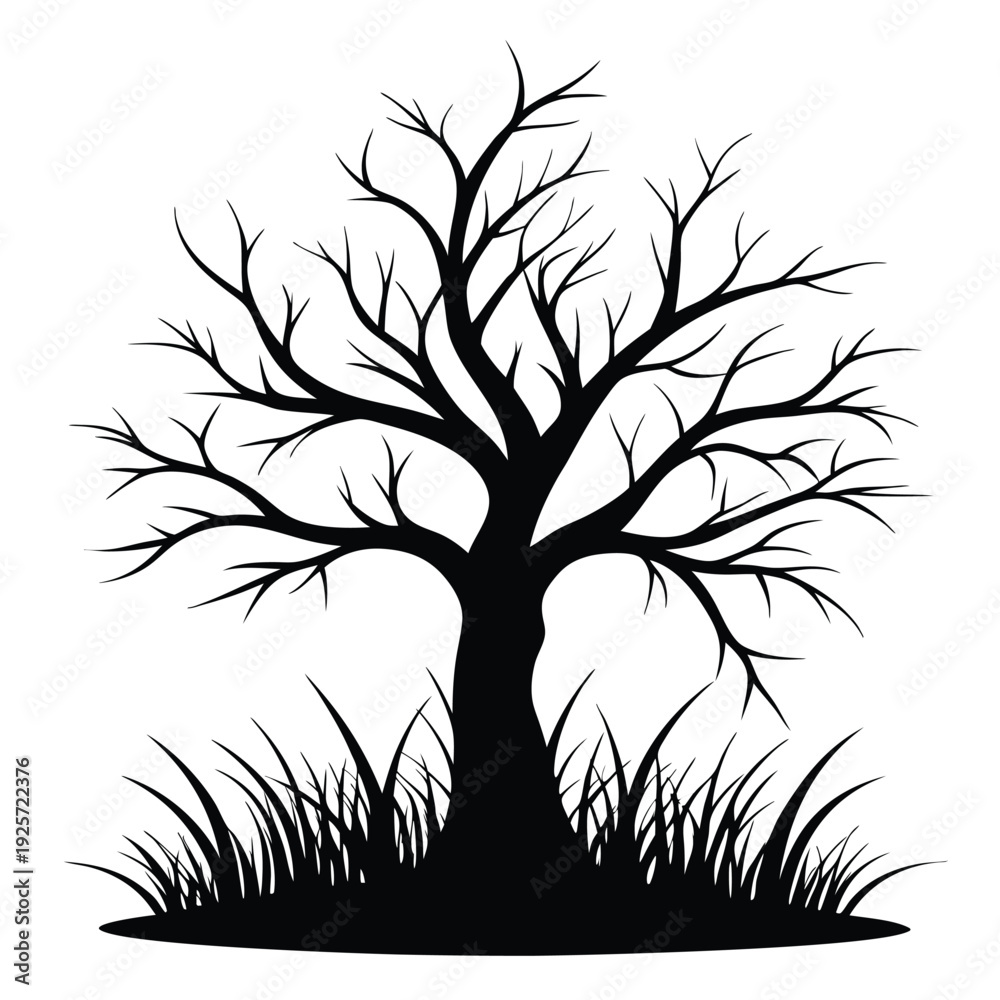 Obraz premium monochrome silhouette leafless tree with grass silhouette line art vector illustration with a white background