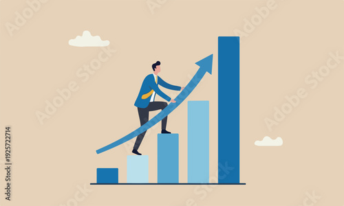 Effort to reach target or achieve success goal, ambition or determination to grow and reaching goal, courage and growth concept, ambitious businessman climb up chart and graph to the top of high bar.