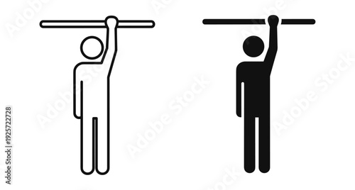 Person holding onto a metal rail with one hand in outline and silhouette style