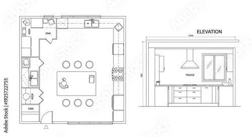 Architectural floor plan and elevation drawing of a modern kitchen.