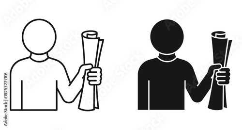 Person holding a rolled paper scroll or architectural blueprint document in outline style