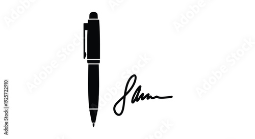 A sleek black pen with a signature presented as a silhouette