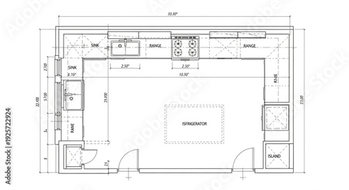 Architectural drawing of a modern kitchen layout plan.
