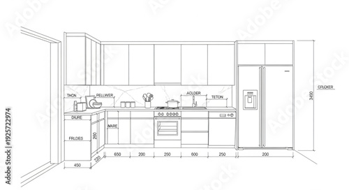 Architectural drawing of a modern kitchen interior design.