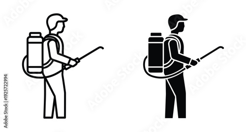 Professional exterminator or farmer using a backpack pressure sprayer for pest control and disinfection