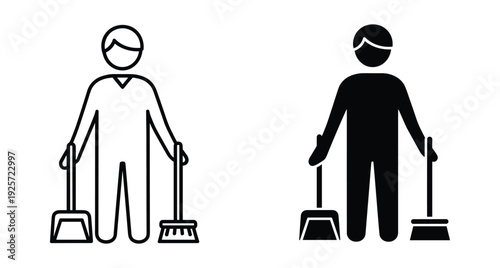 Professional cleaning service worker holding broom and dustpan tools for domestic housework maintenance tasks