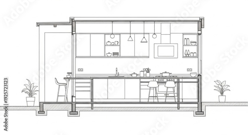 Architectural drawing of a modern kitchen interior design.