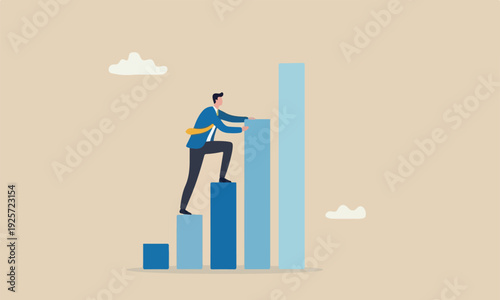 Effort to reach success goal, ambition or determination to grow and reaching goal, courage and growth concept, ambitious businessman climb up chart and graph to the top of high bar.