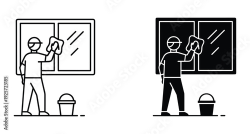 Professional service worker cleaning window glass using a rag and water bucket icons