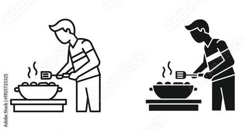 Male character preparing meal in kitchen using spatula and hot pan on the stove