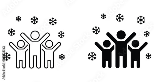 Group of three people figures with hands up enjoying winter weather and snowflakes