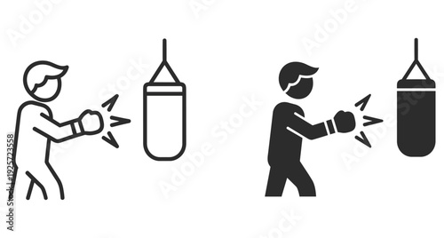 Person practicing boxing by punching a heavy bag in outline and solid styles