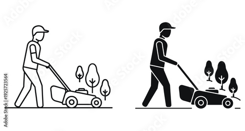 Professional gardener using lawn mower machine to maintain green backyard lawn with small trees