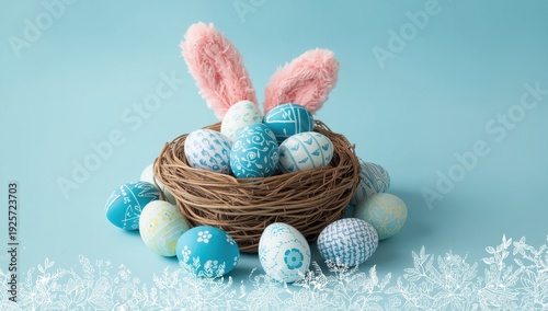 Easter eggs in a wicker basket with pink bunny ears on a blue background decorated eggs