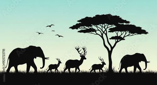 African savanna wildlife silhouette with elephants and deer.