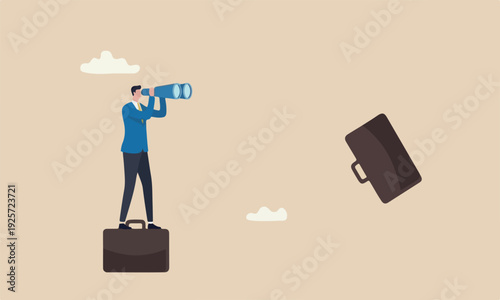 Career opportunity,bigger one fall stylized, rounded—one above and to the left of the man, and another below and to the right businessman climb up on briefcase see through binoculars