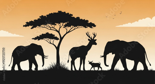 African Safari Silhouette Animals Elephant Deer Tree Sunset.