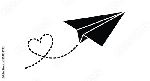 A black paper airplane flies with a dotted line trailing to a heart