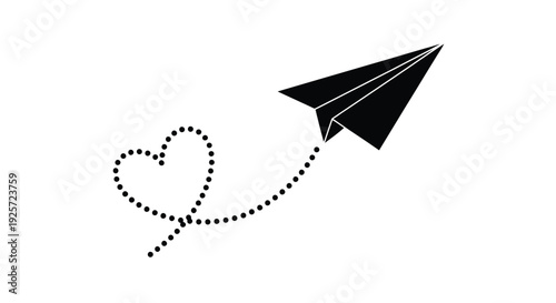 A black paper airplane flies leaving a trail of dotted hearts behind