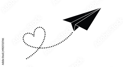 A black paper airplane flies with a dotted trail forming a heart