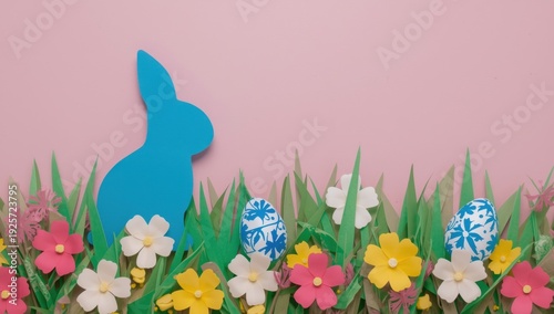 Blue bunny silhouette with easter eggs and colorful flowers in grass pink background