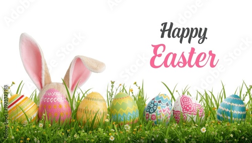 Easter eggs in grass with bunny ears and Happy Easter text flowers colorful eggs
