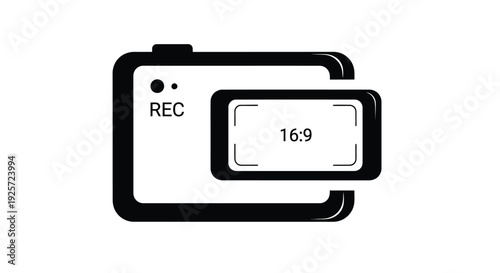 Black and white illustration of a video camera with recording indicators