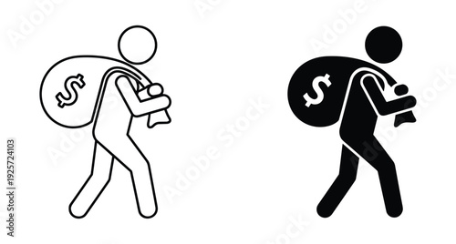 Outline and solid black icons of person walking while carrying a cash sack
