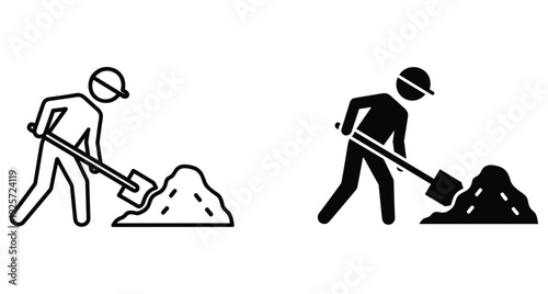 Manual laborer wearing safety helmet digging dirt pile with shovel pictogram icon set