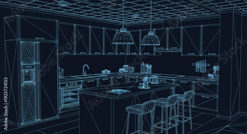 Abstract Wireframe Rendering of a Modern Kitchen Interior.