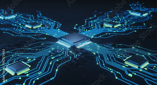 Advanced Microchip Processor with Glowing Blue Circuits.