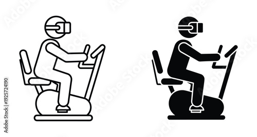 Stick figure using virtual reality goggles cycling on a stationary gym exercise bike