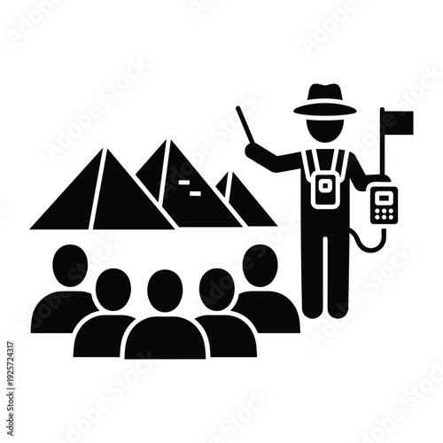 Professional guide explaining history to group of travelers visiting famous ancient Egyptian pyramid landmarks