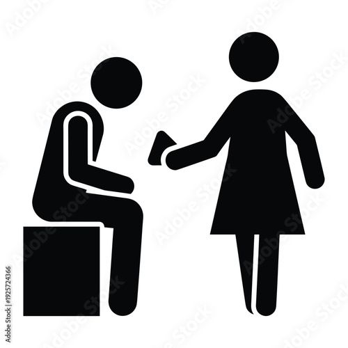 Silhouette icon showing a female figure handing an object to a seated male figure