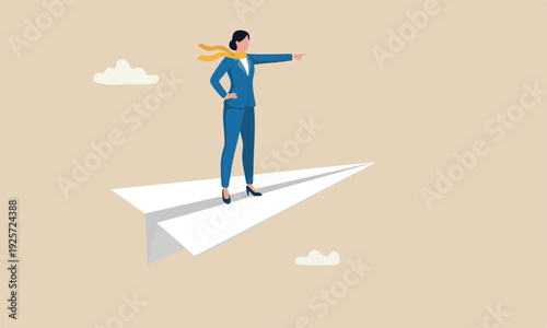 Business leadership to company to achieve target, smart confidence businesswoman standing on leading flying paper airplane origami pointing finger to the direction to reach goal.