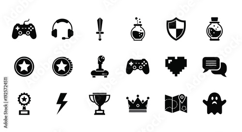 Collection of black gaming icons and symbols a bold silhouette