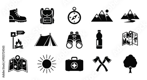 Black icons depicting outdoor adventure equipment and mountainous scenery silhouette