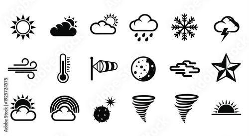 Black weather icons depict various atmospheric conditions a silhouette