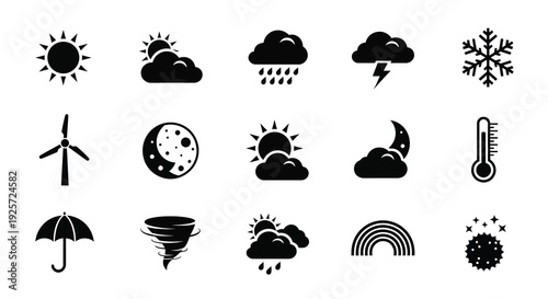 Black weather icons representing conditions a striking silhouette