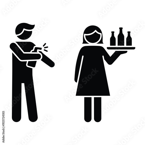 Black silhouette icons of man sanitizing hands and server holding a drink tray