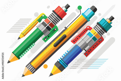 Vivid flat pencils with modern blocky designs lie diagonally on a clean white surface