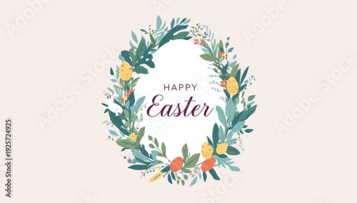Easter floral wreath with Happy Easter text on light pink background flowers leaves